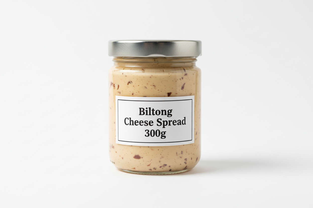 300g glass jar with creamy cheese spread with real biltong.  Include wording "Biltong Cheese Spread 300g"