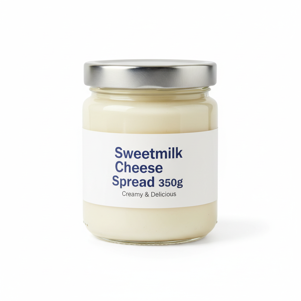 350g glass jar with creamy sweetmilk cheese spread with writing "Sweetmilk Cheese Spread 350g"