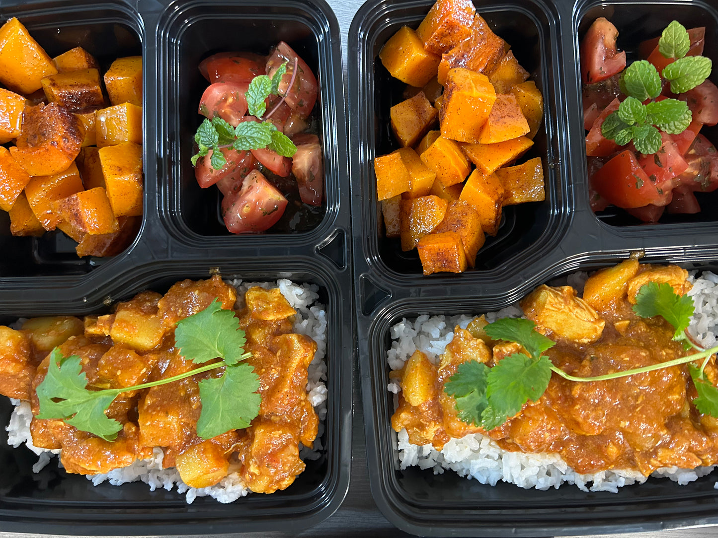 Meal - Chicken Durban curry on white rice with roasted butternut and tomato & mint sambal