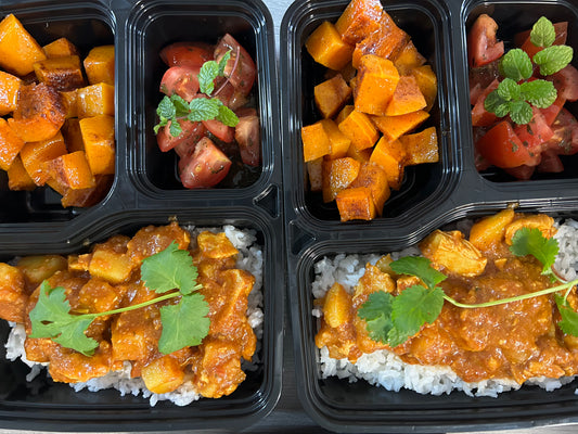 Meal - Chicken Durban curry on white rice with roasted butternut and tomato & mint sambal
